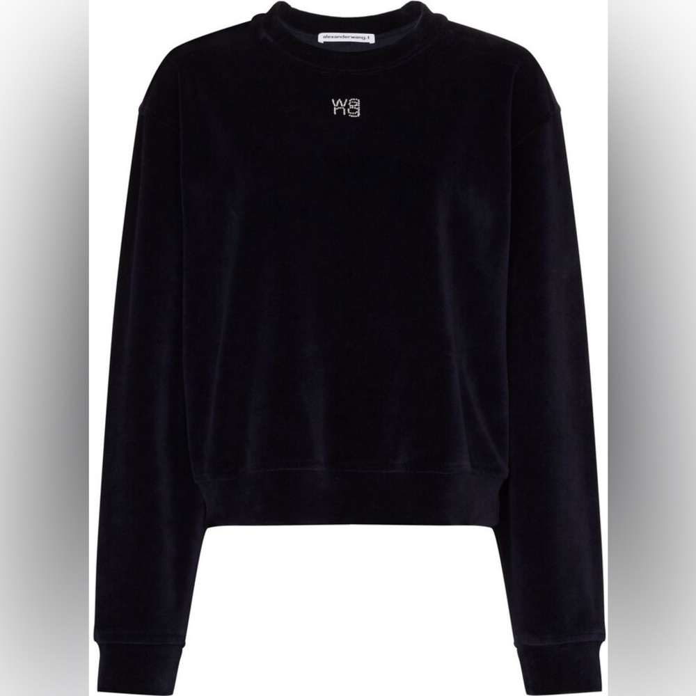 Alexander Wang .t Crystal-Embellished Velour Sweatshirt Navy Hotfix Logo Sz S